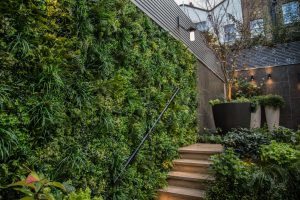 artificial green wall against wall of a garden