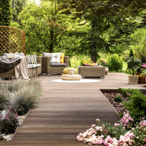 outdoor furniture in a garden with swimming basket seat