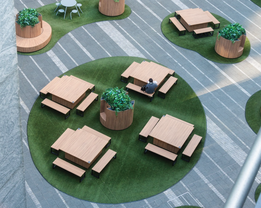 An urban space that has been transformed with artificial grass